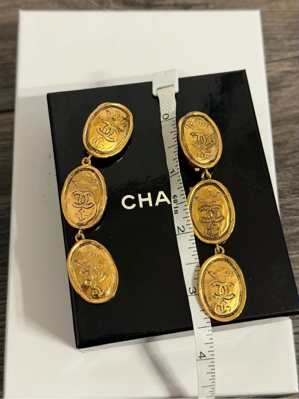 CHANEL Vintage Gold CC Crown Oval Drop Clip On Earrings